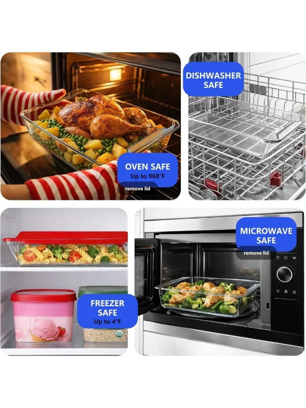 4-Piece Deep Glass Baking Dish Set with Lids - Versatile Sizes for Cooking